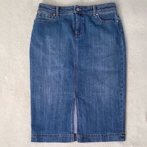 Talbots Petite 10P Denim Midi Skirt Blue Jean Front Slit Modest Y2K Boho Classic
